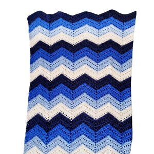 Vintage Crochet Afghan Blanket Handmade Blue Chevron 72” Square Coastal Boho